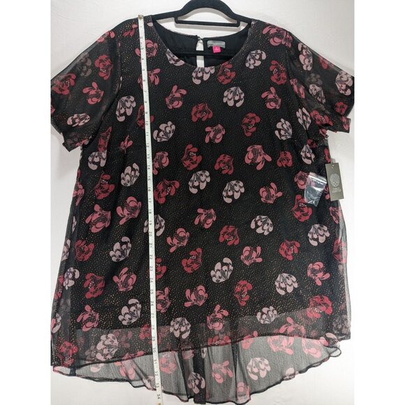Vince Camuto Sheer Black Pink Floral Tunic Blouse Sparkle Dots Short Sleeve NWT - Picture 4 of 7